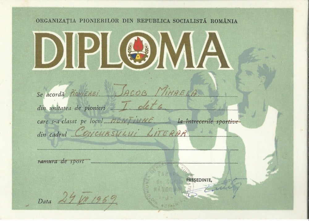 Fotografie: Diplomă de pionier, concursul literar din tabăra Năvodari, 1969, 1969