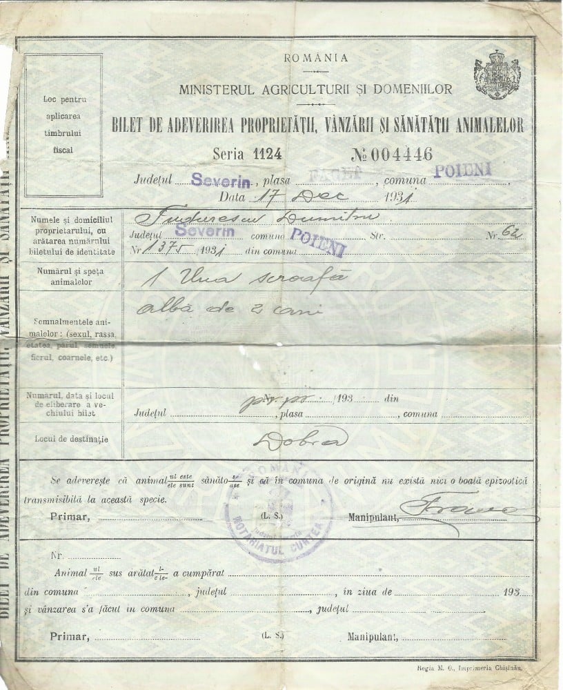 Fotografie: Bilet de adeverire a vânzării animalelor, 1931, cu timbre fiscale