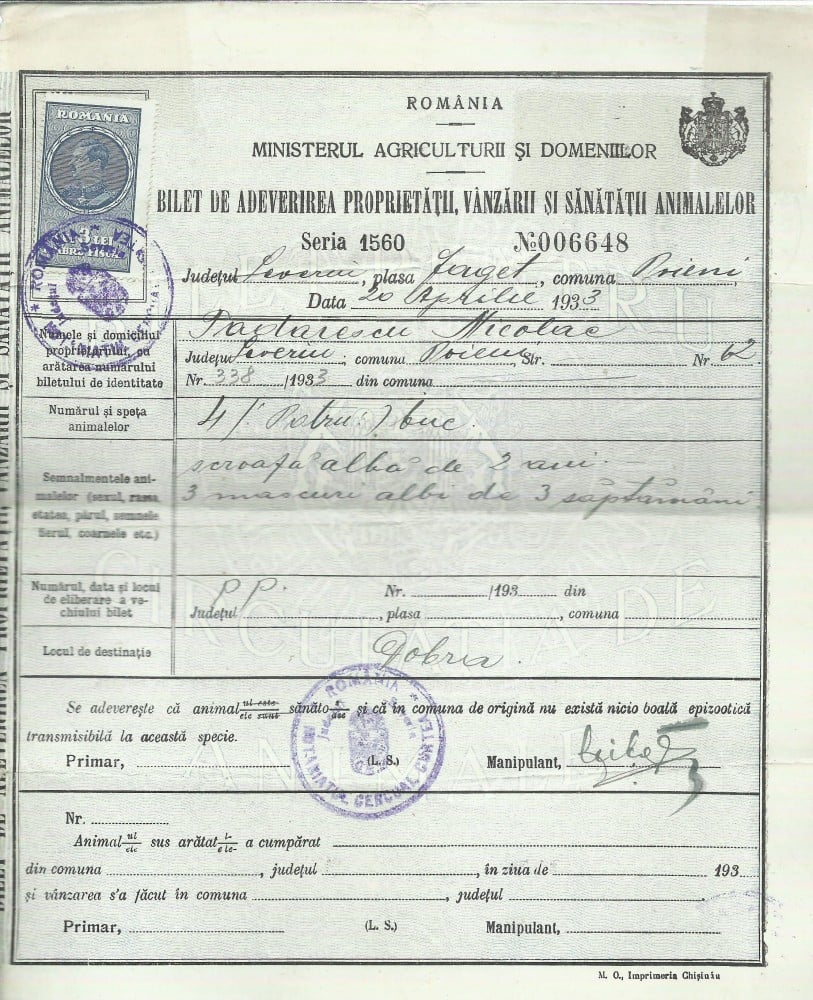 Fotografie: Bilet de adeverire a vânzării animalelor, 1933, cu timbre fiscale, 1933