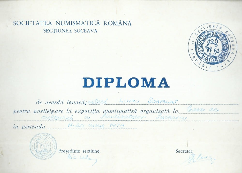Fotografie: Diplomă pentru participarea la Expoziția numismatică Suceava, 1978, 1970