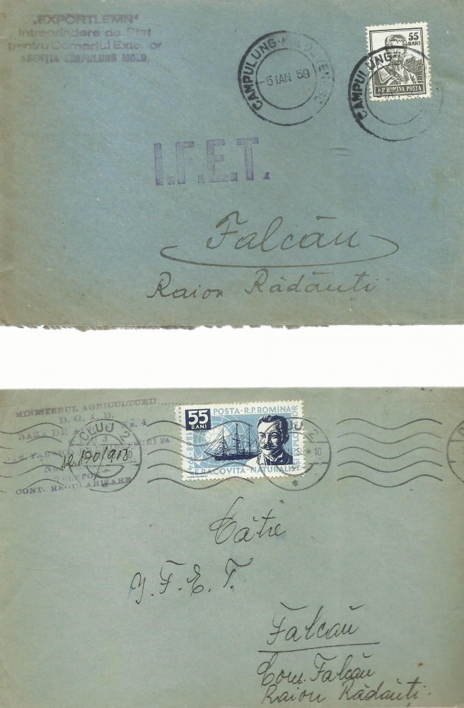 Fotografie: Lot de 4 plicuri R.P.R. circulate între localități din Bucovina, 1958–1959 (II)