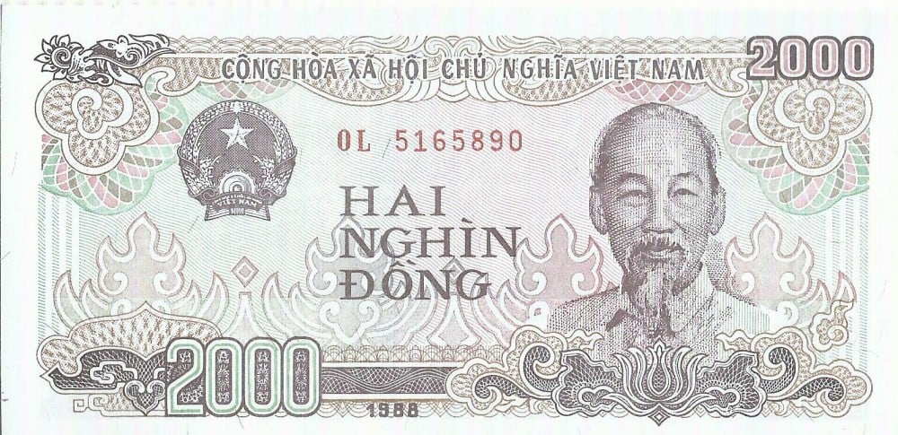 Fotografie: Bancnotă 2.000 de dongi, Vietnam, 1988, aproape necirculată