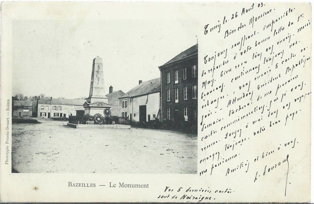 Fotografie: Carte poștală „Bazeilles — Le Monument”, circulată în 1903