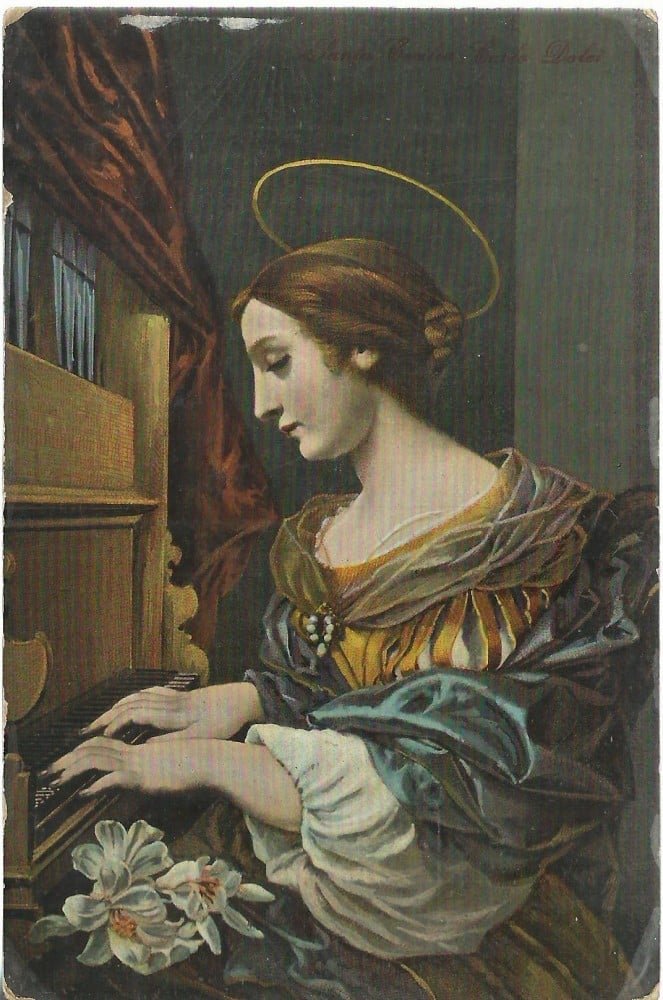 Fotografie: Ilustrată „Sfânta Cecilia la pian”, 1911, scrisă