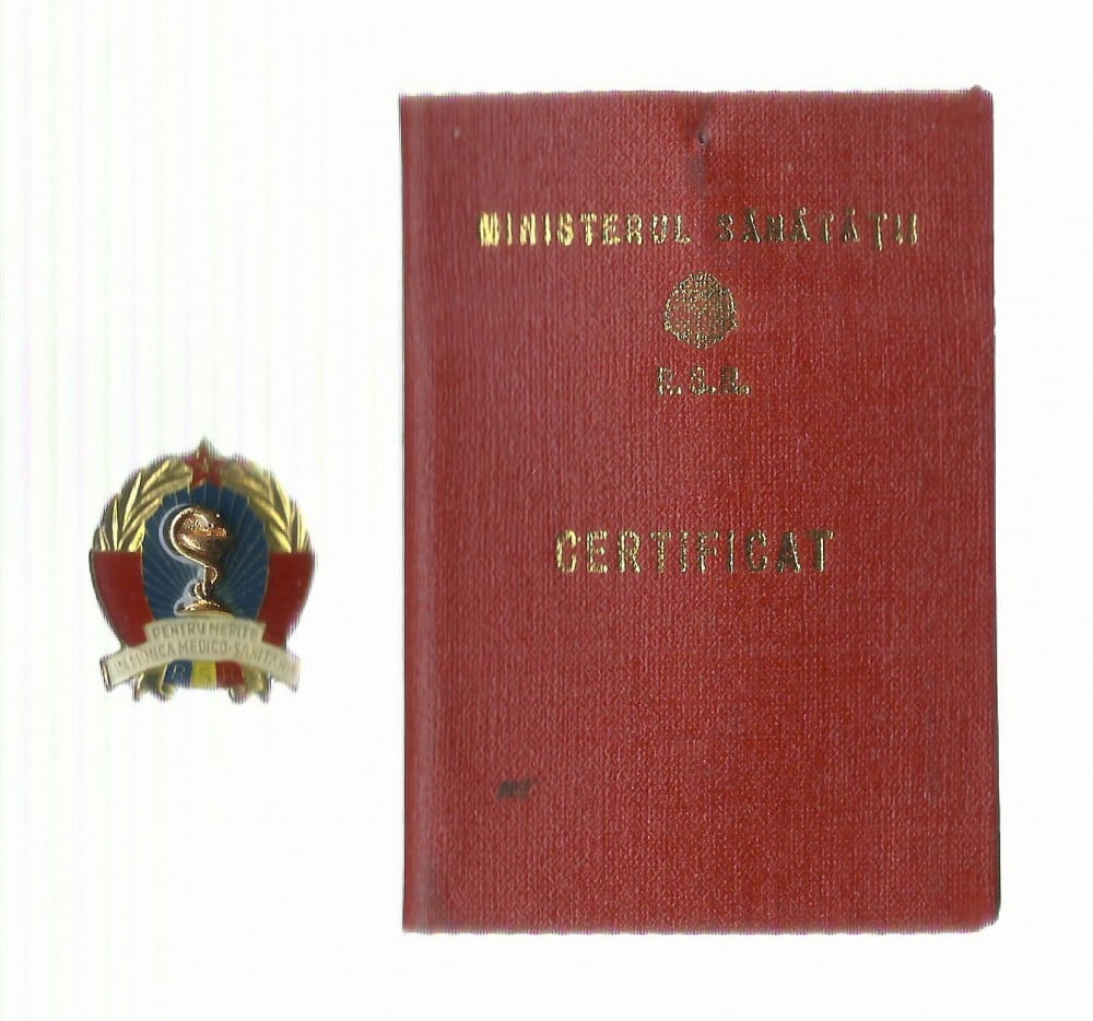 Fotografie: Insignă și certificat „Evidențiat în munca medico-sanitară”, 1981, R.S.R.