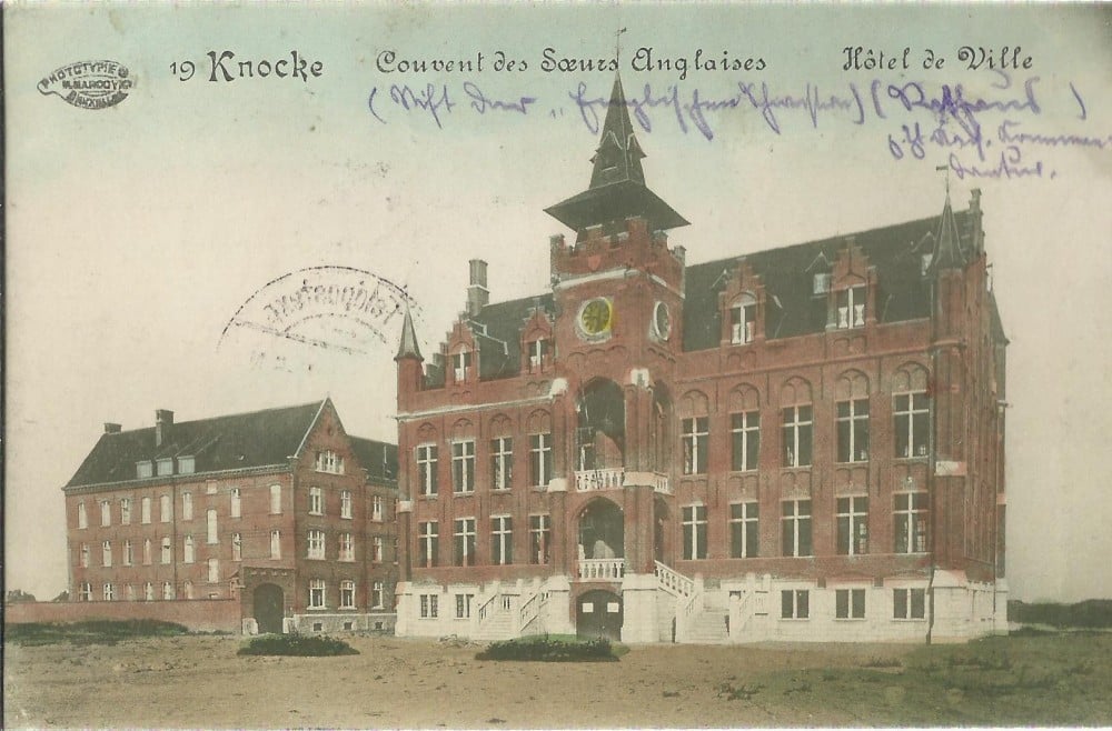 Fotografie: Carte poștală „Knokke — Couvent des Sœurs Anglaises”, Belgia, 1916, ștampilă militară
