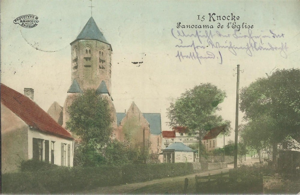 Fotografie: Carte poștală „Knokke — Panorama de l'église”, Belgia, 1916, ștampilă militară
