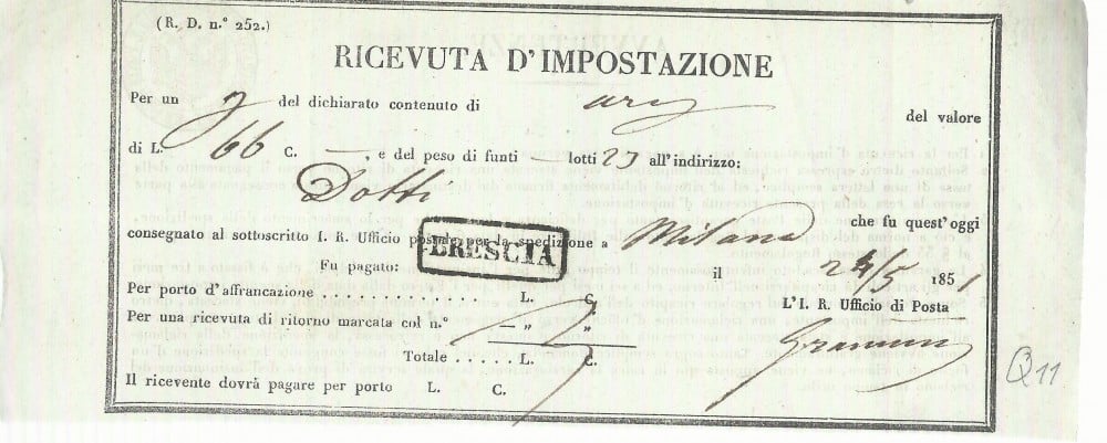 Fotografie: „Ricevuta d'impostazione” — chitanță poștală, Italia, 1851
