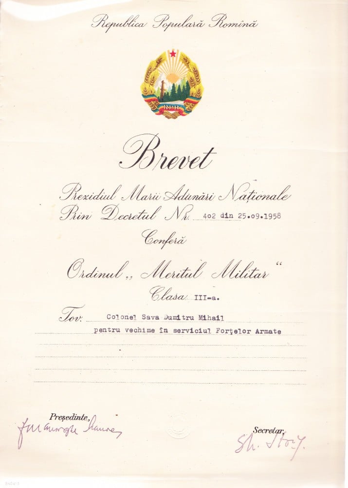 Fotografie: Brevet al Ordinului „Meritul Militar”, clasa a III-a, 1958
