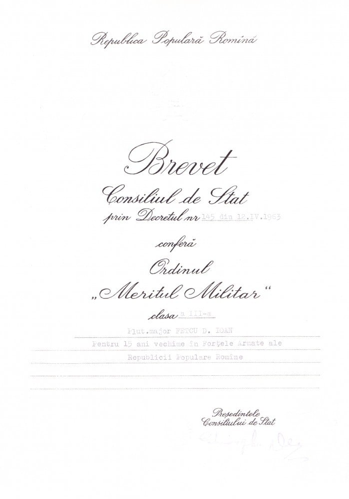Fotografie: Brevet al Ordinului „Meritul Militar”, clasa a III-a, 1963