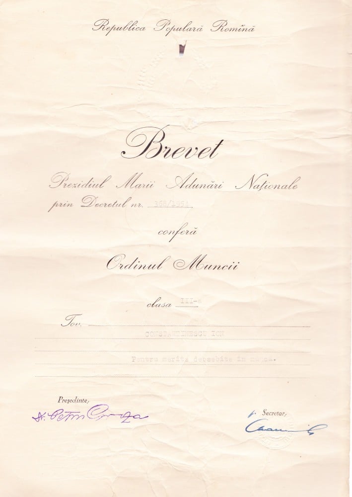 Fotografie: Brevet al Ordinului Muncii, clasa a III-a, 1954