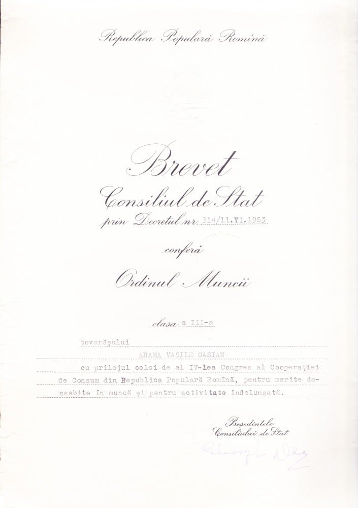 Fotografie: Brevet al Ordinului Muncii, clasa a III-a, 1963