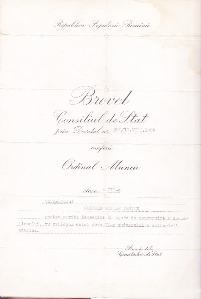 Fotografie: Brevet al Ordinului Muncii, clasa a III-a, 1964