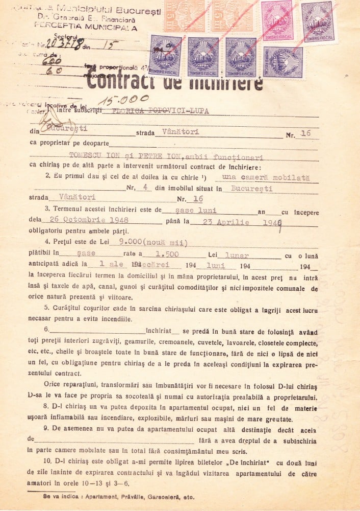 Fotografie: Contract de închiriere, București, strada Vânători, 1948–1949