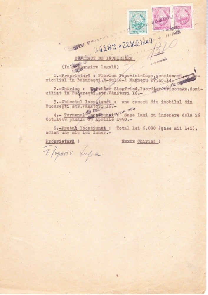 Fotografie: Contract de închiriere, București, 1949–1950