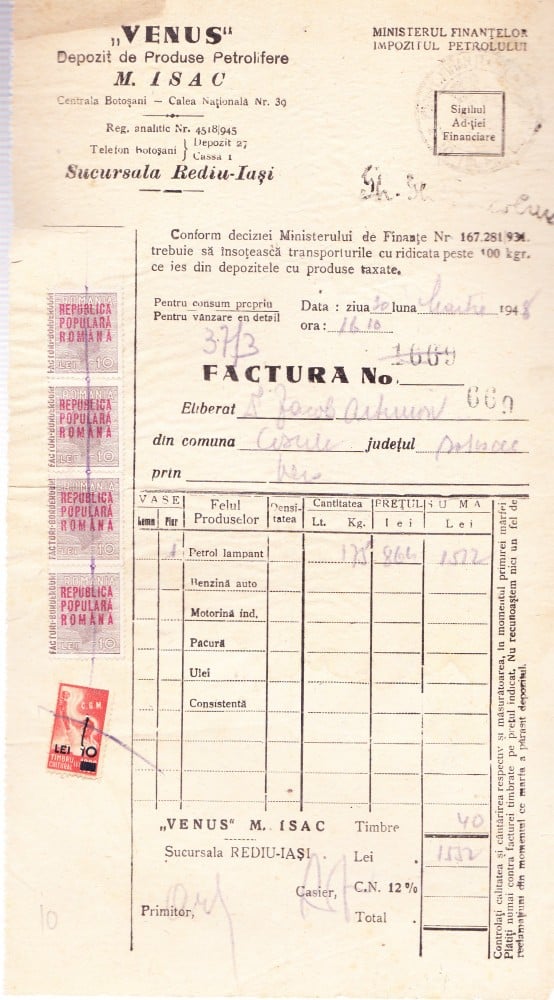 Fotografie: Factură de produse petroliere „Venus”, 1948