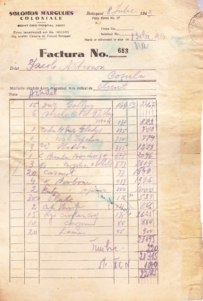 Fotografie: Factură de coloniale, Botoșani, 1943