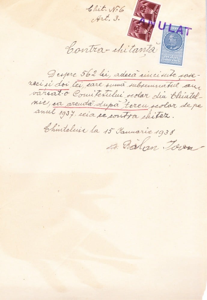 Fotografie: Contra-chitanță pentru 562 lei, 15 ianuarie 1938
