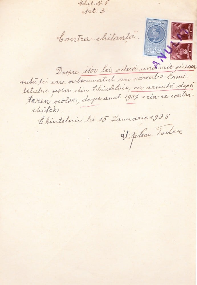 Fotografie: Contra-chitanță pentru 1.100 lei, 15 ianuarie 1938