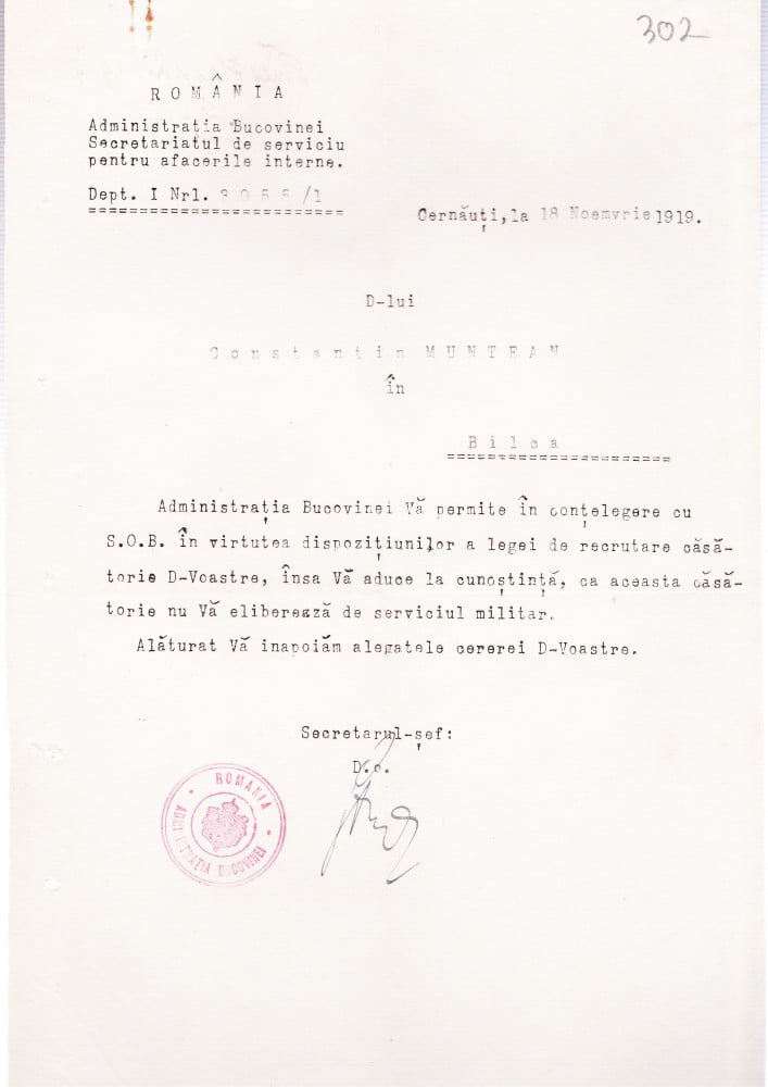 Fotografie: Aprobare de căsătorie, Administrația Bucovinei, Bilca, 1919