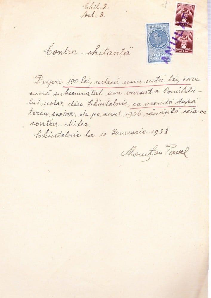 Fotografie: Contra-chitanță pentru 100 de lei, 10 ianuarie 1938
