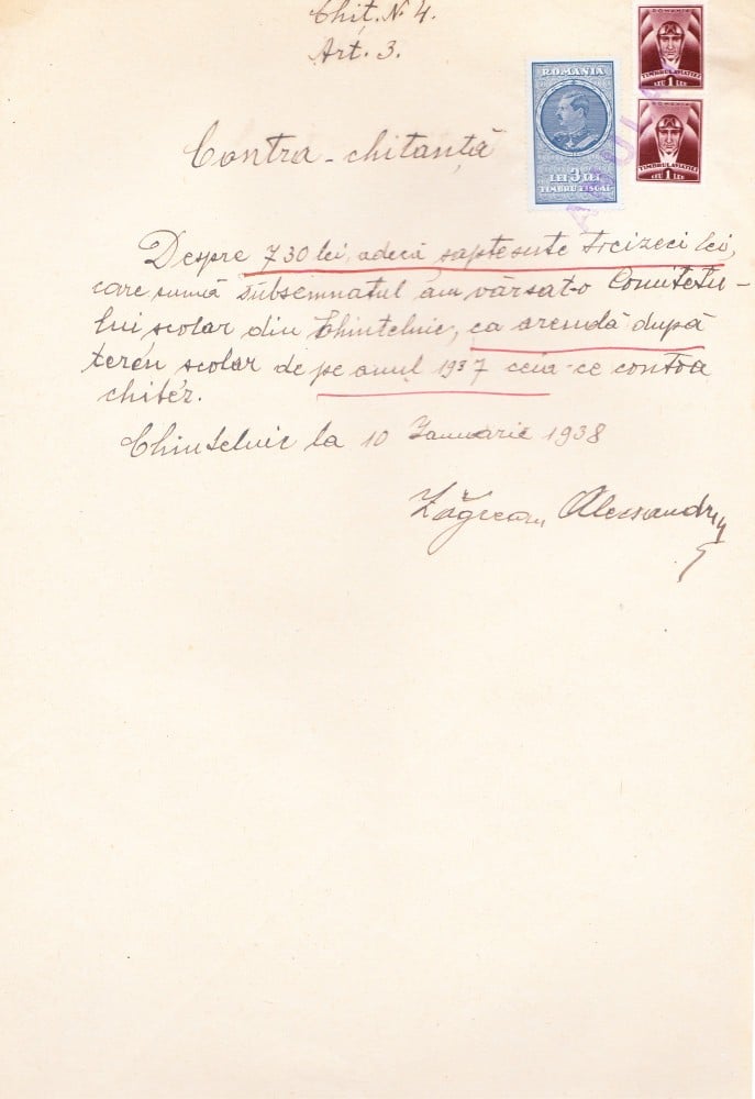 Fotografie: Contra-chitanță pentru 730 de lei, 10 ianuarie 1938