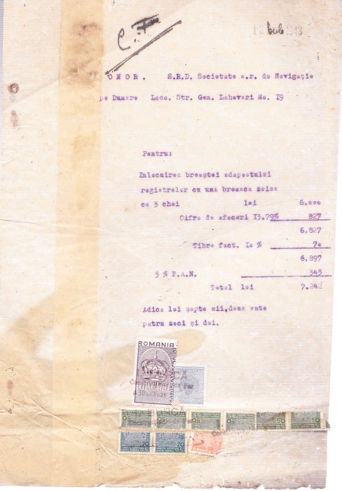 Fotografie: Factură de materiale de construcții, Societatea de Navigație pe Dunăre, 1943