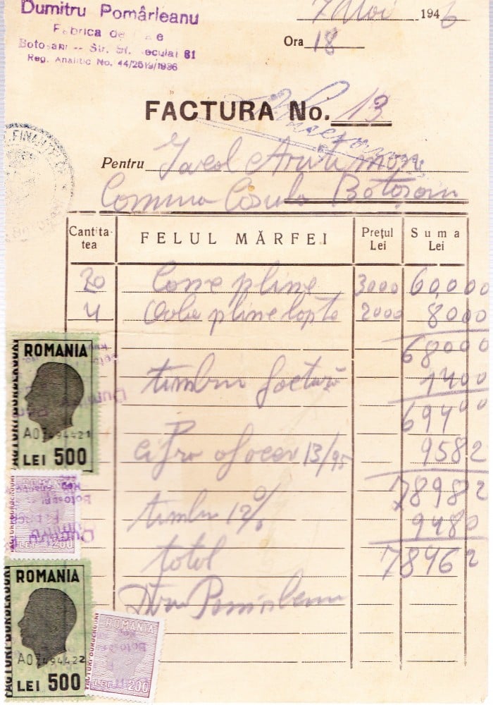 Fotografie: Factură de marfă timbrată, Botoșani, 1946