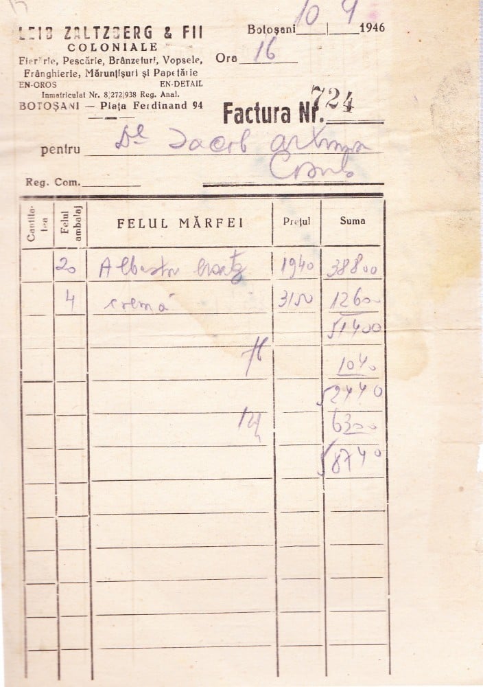 Fotografie: Factură Leib Zaltzberg & Fii, coloniale, Botoșani, 1946