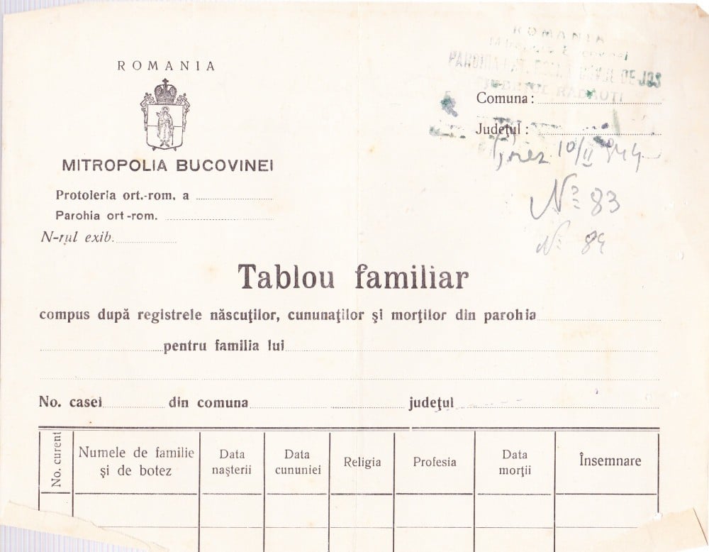 Fotografie: Tablou familiar din registrele născuților, cununaților și morților, Rădăuți, 1944