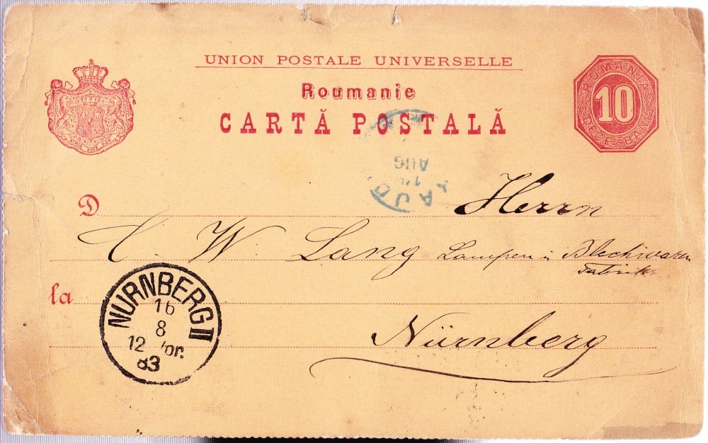 Fotografie: Întreg poștal România, 1883, circulat Craiova — Nürnberg