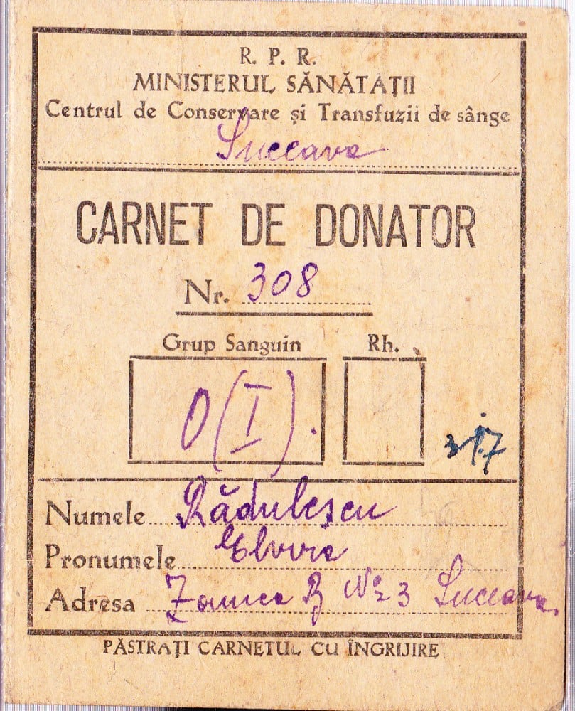 Fotografie: Carnet de donator, Zamca, Suceava, 1952