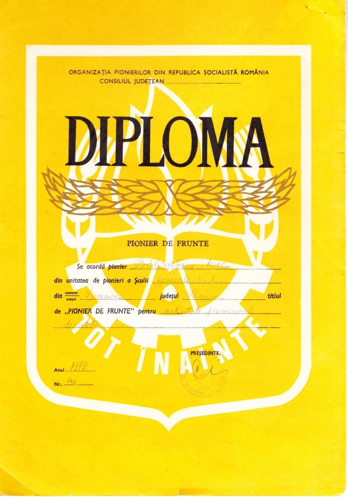 Fotografie: Diplomă „Pionier de frunte”, Suceava, 1979