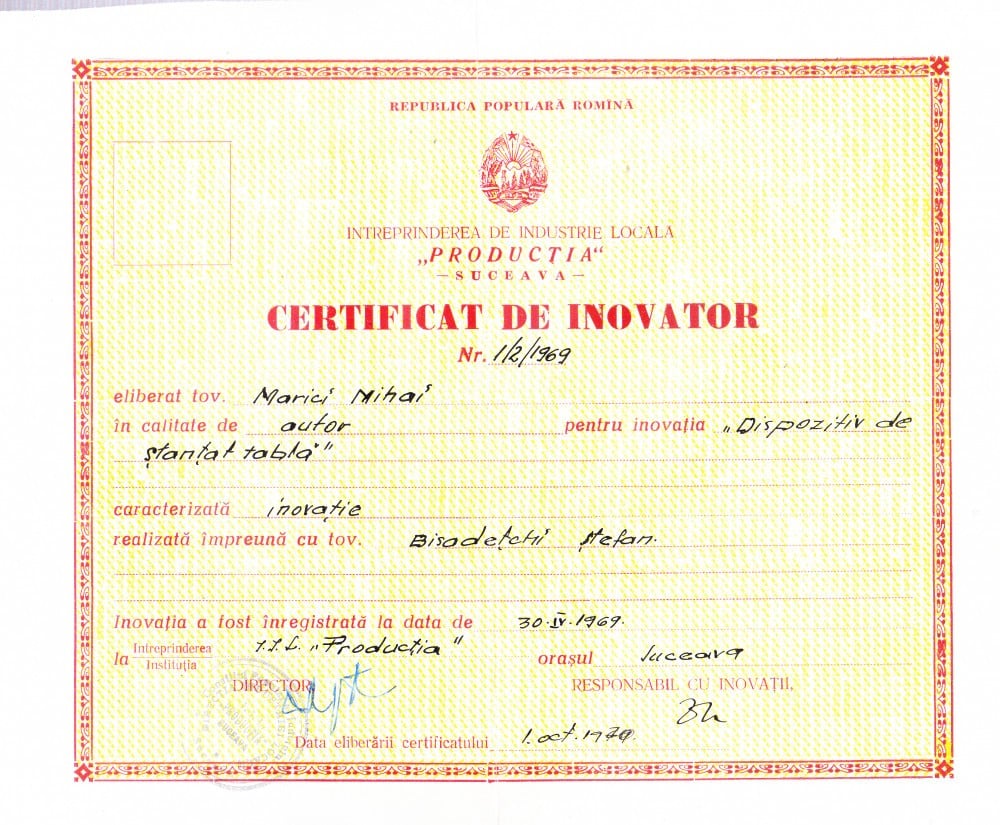 Fotografie: Certificat de inovator — dispozitiv de ștanțat tablă, Suceava, 1969