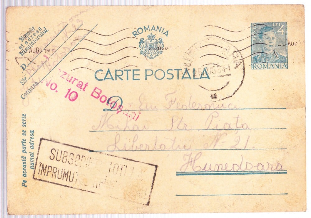 Fotografie: Carte poștală 1941 cu ștampila militară „Cenzurat Botoșani 10”