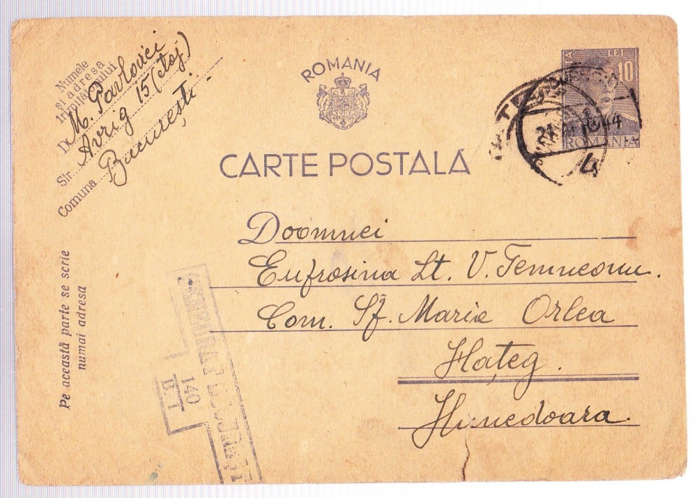 Fotografie: Carte poștală 1944 cu ștampila militară „Cenzurat București 140”