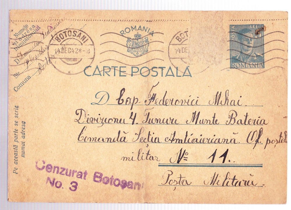 Fotografie: Carte poștală cu cenzura „Botoșani 3”, 1942