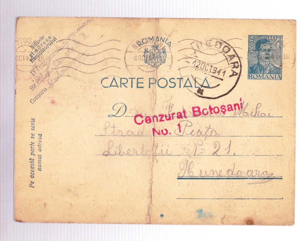 Fotografie: Carte poștală 1941 cu ștampila militară „Cenzurat Botoșani 1”