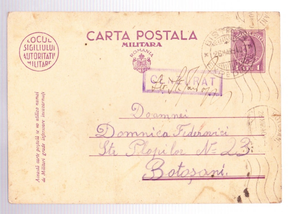Fotografie: Carte poștală cenzurată, 1940
