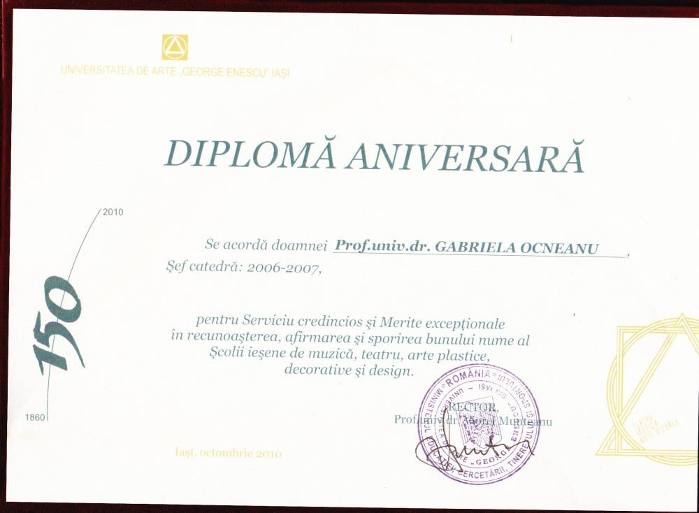 Fotografie: Diplomă aniversară pentru merite excepționale, Universitatea de Arte Iași