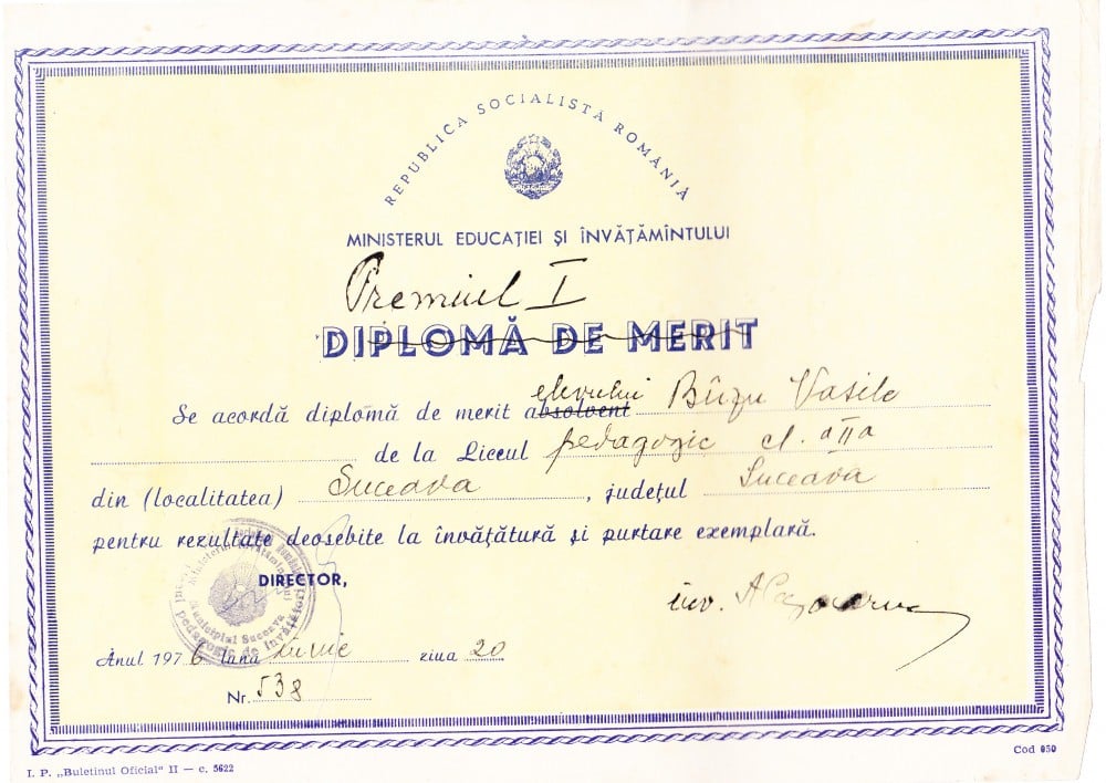 Fotografie: Diplomă de merit, Liceul Pedagogic Suceava, 1976