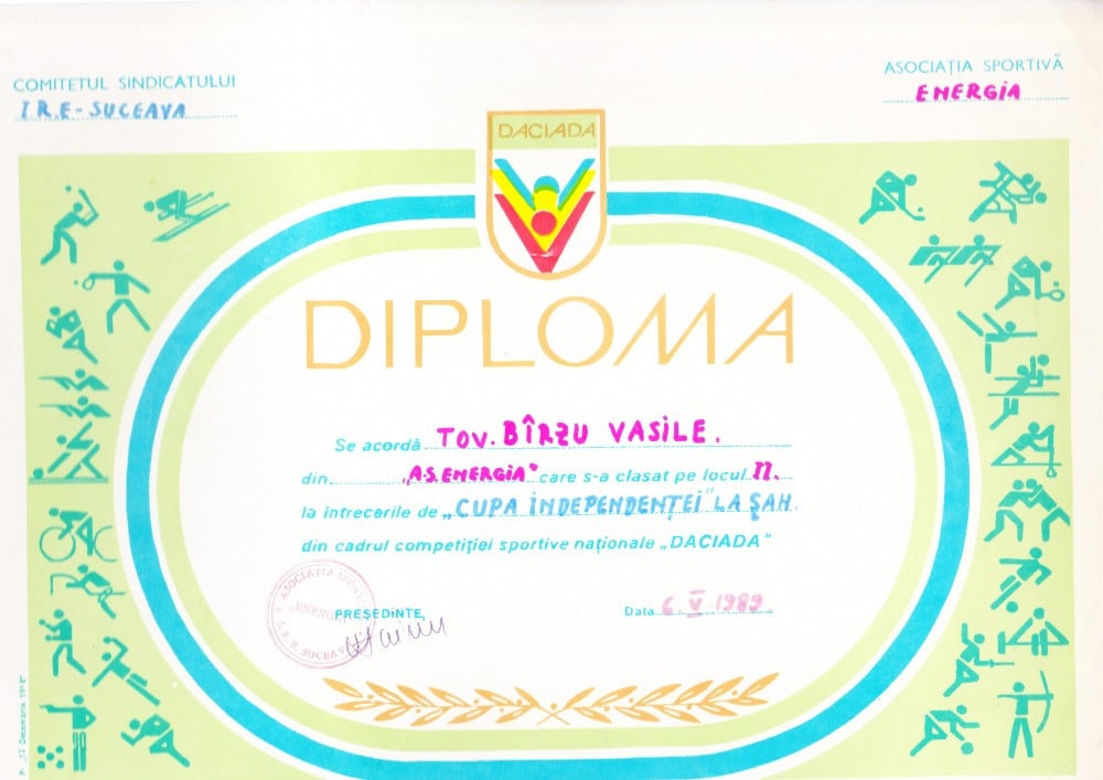 Fotografie: Diplomă „Cupa Independenței la șah — Daciada”, 1989