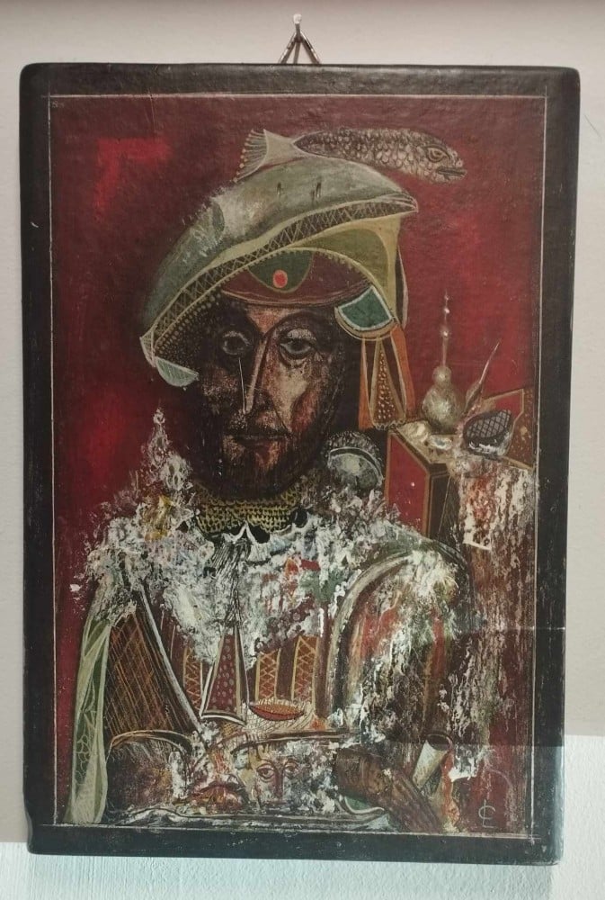 Fotografie: Pictură „Omul cu dantelă”, tempera pe lemn, semnată Liviu Călinescu