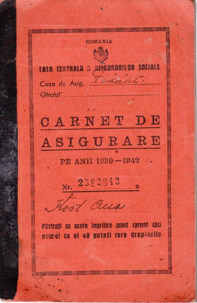 Fotografie: Carnet de asigurare pe anii 1939–1942, perioada regalistă