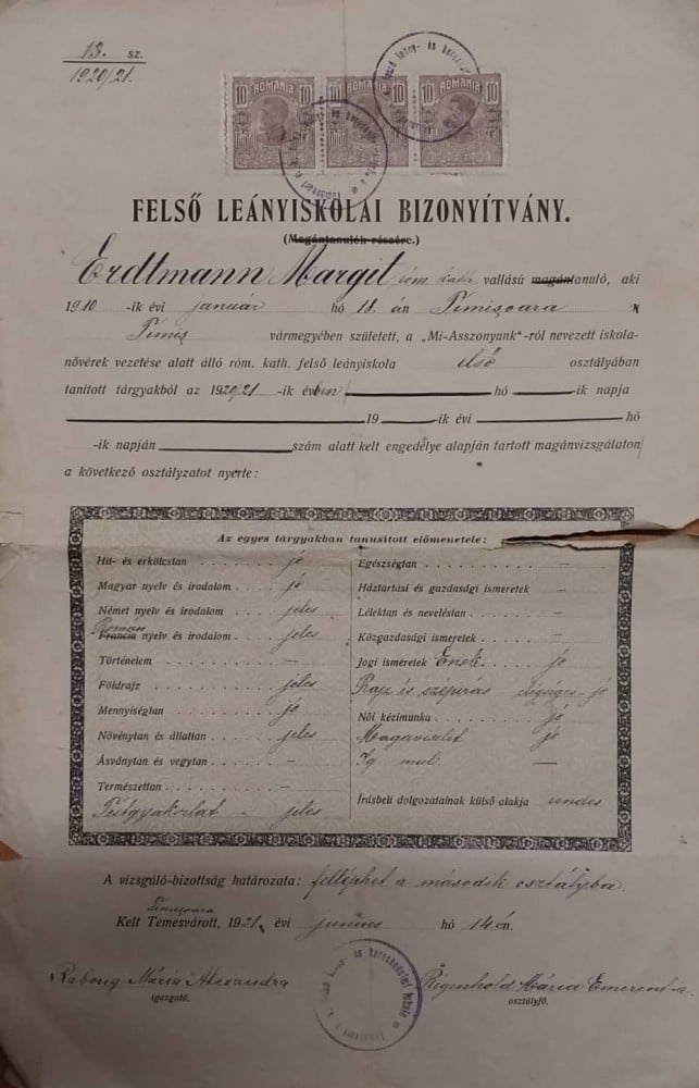 Fotografie: Certificat de absolvire, Școala de fete din Timișoara, 1920