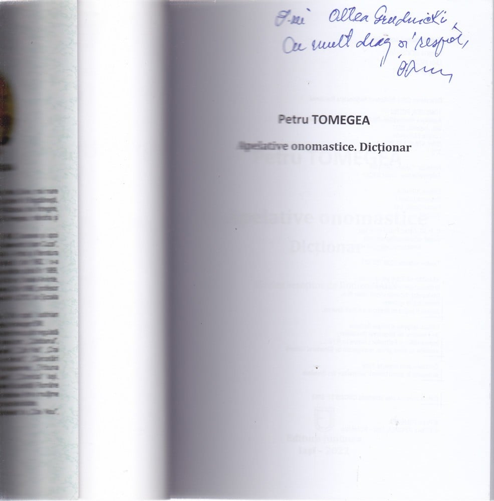 Coperta: Apelative onomastice — dicționar (cu autograf), Petru Tomegea, Junimea 2022