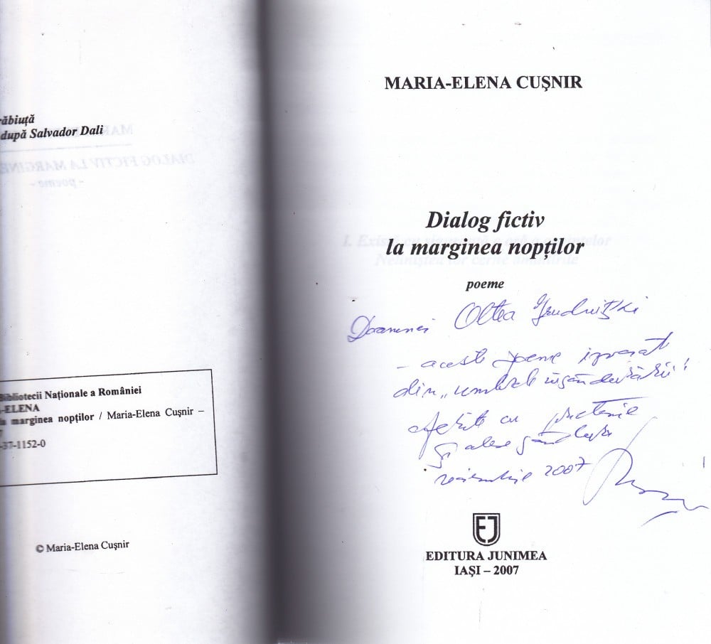 Coperta: Dialog fictiv la marginea nopților (cu dedicație și autograf), Maria-Elena Cușnir, Junimea 2007