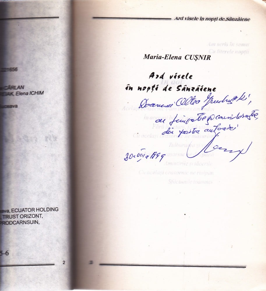 Coperta: Ard visele în nopți de Sânziene (cu autograf), Maria-Elena Cușnir, Bucovina Viitoare 1999
