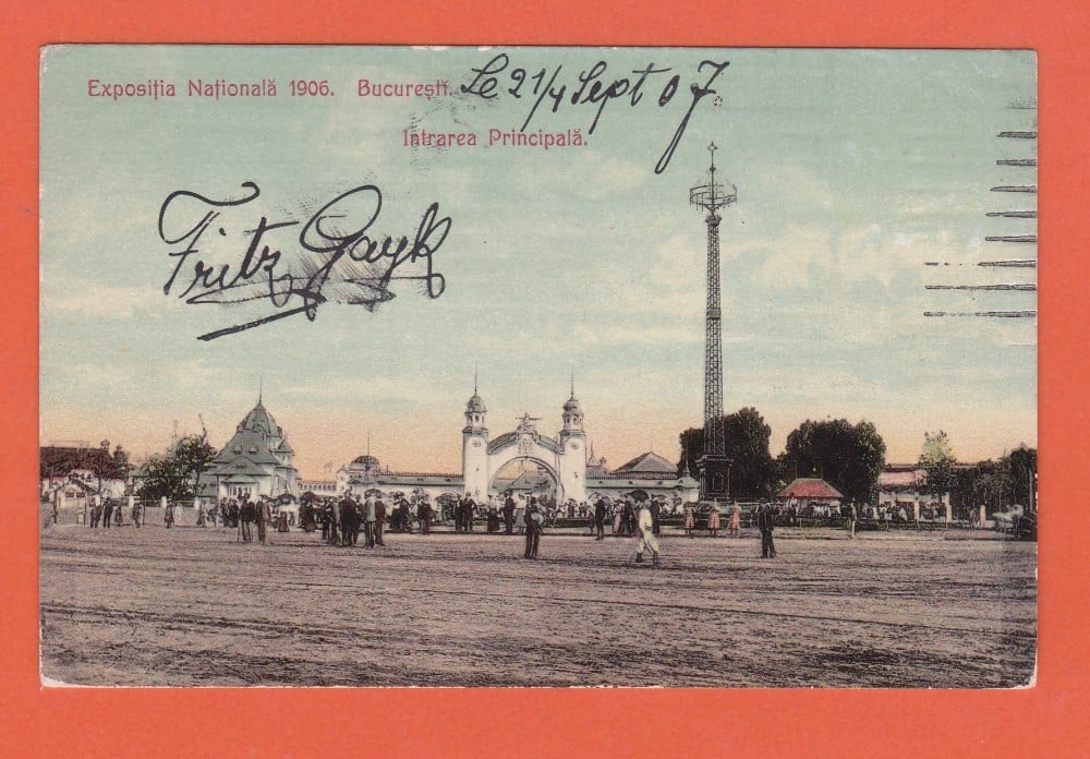 Fotografie: Ilustrată „Expoziția Națională 1906 București — intrarea principală”, circulată spre Paris