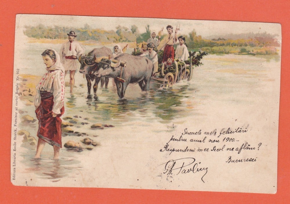 Fotografie: Ilustrată litografiată „București — căruță, costume populare”, 1900, circulată spre Dorohoi